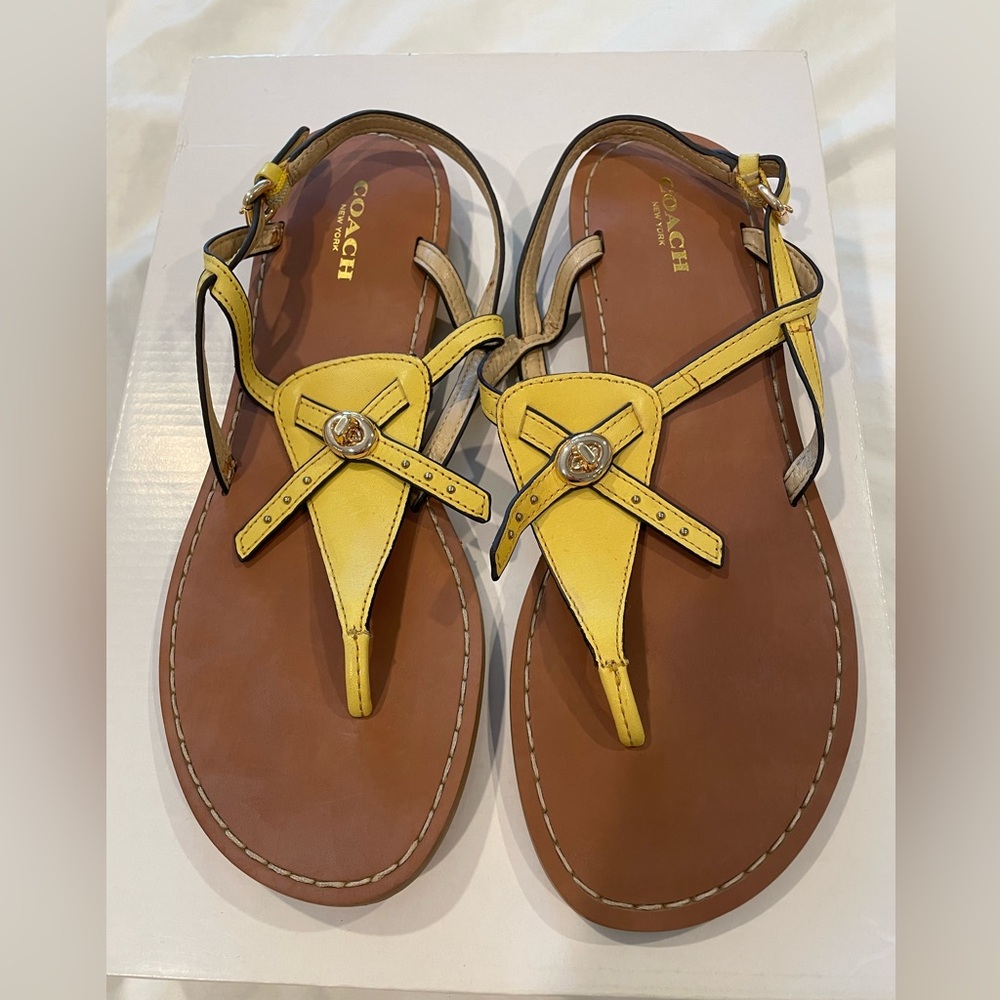 Coach Yellow Brown Sandals with T-Strap Design